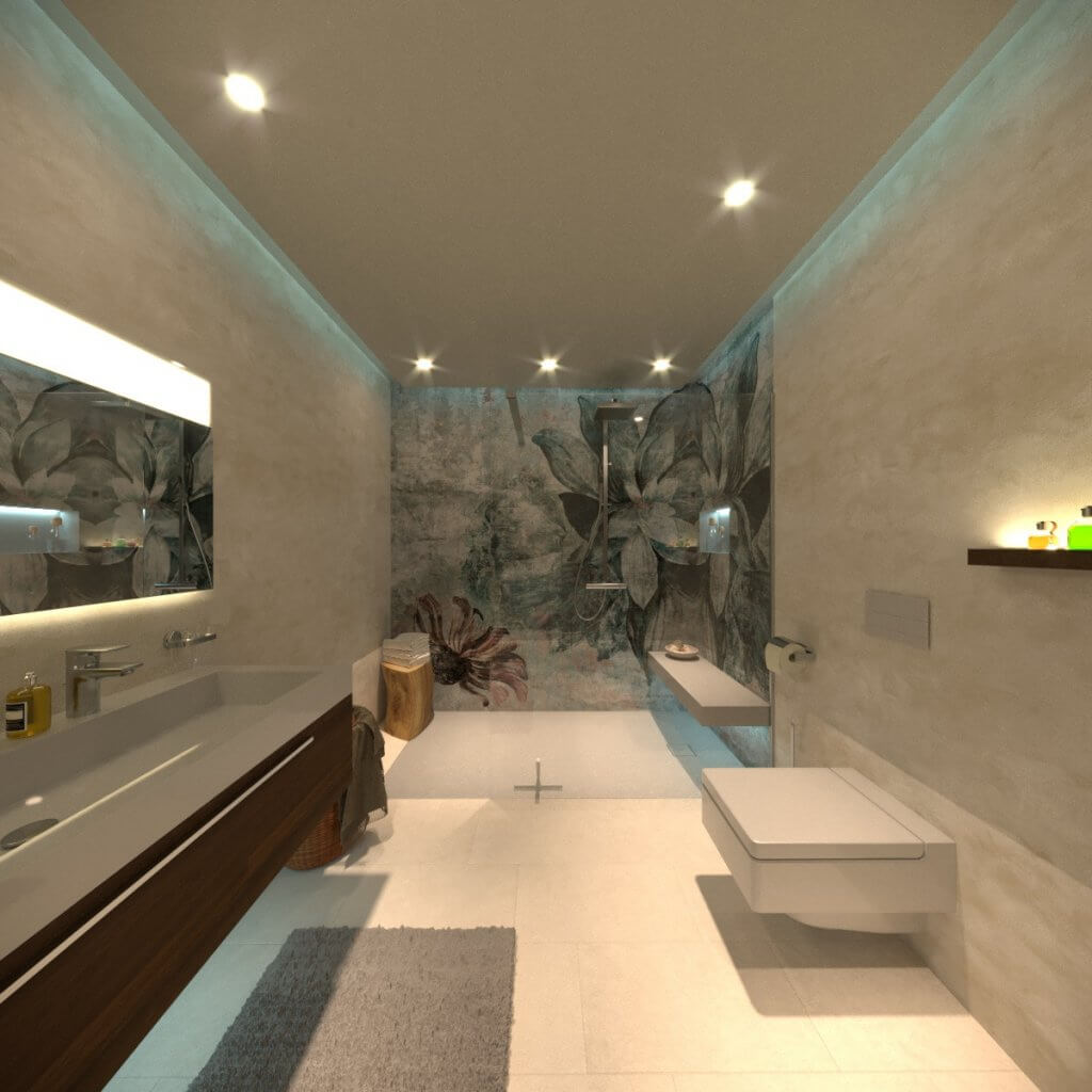 Schloauchbad mit tapezierter Wand, Dusche, Waschbecken und WC