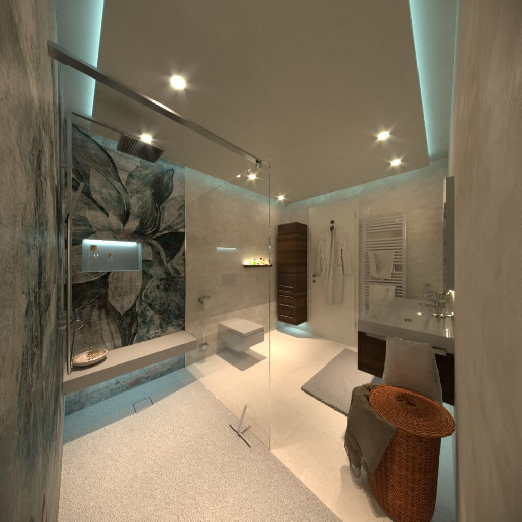 Kleines Badezimmer mit zwei tapezierten Wänden, transparenter Dusche und WC