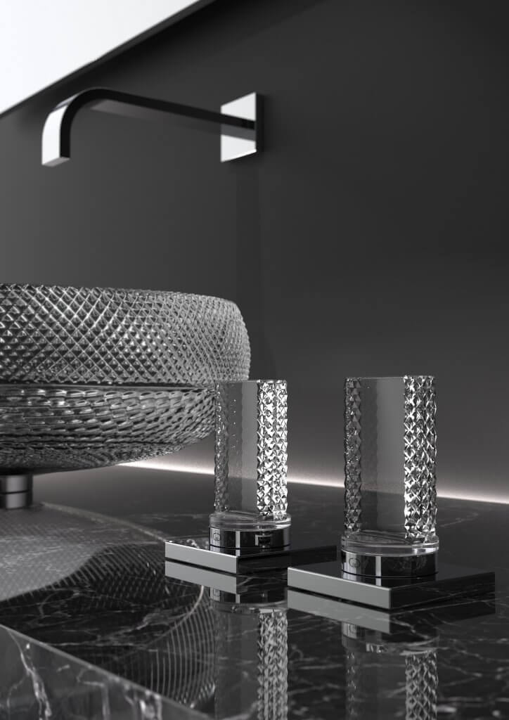 Transparentes Göaswaschbecken mit geätztem Muster mit passenden Armaturgriffen von myglassdesign