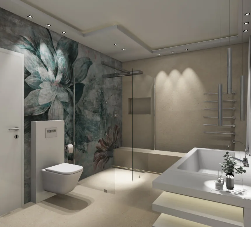 Baddesign mit Wall and Deco Tapete Badezimmer in Weiß-Grau mit heller Wall and Deco Tapete im Vintage-Stil
