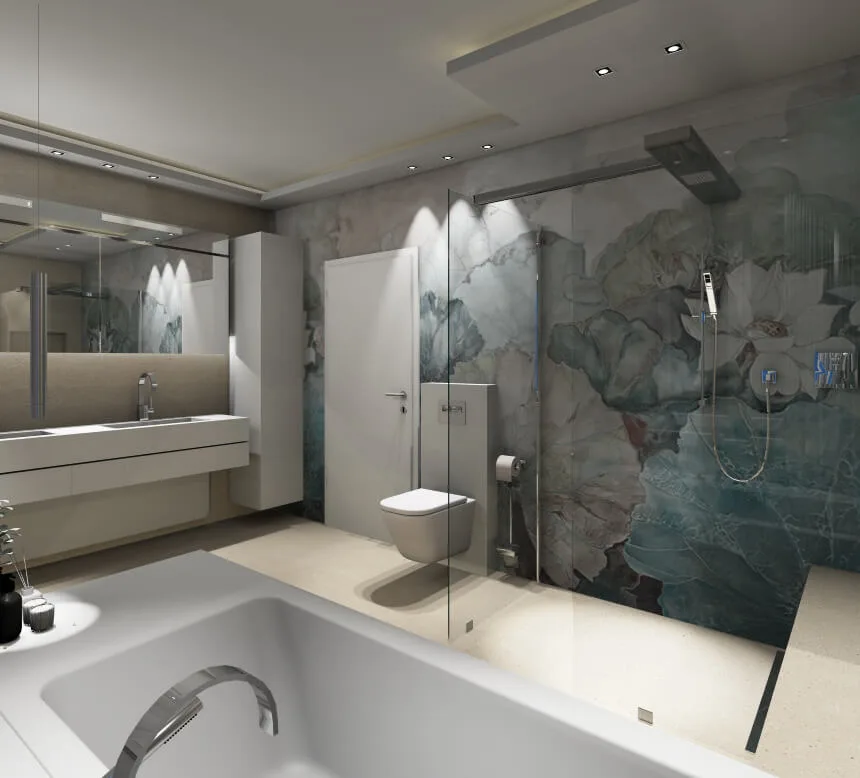 Badgestaltung mit Wall and Deco Tapete Abstrakt-florale Wall and Deco Tapete an Wand hinter Dusche und WC