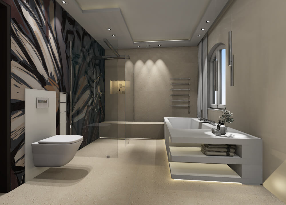 Badezimmer mit WC, Dusche, Sitzbank sowie Waschtisch und wandfüllender Wall and Deco Tapete