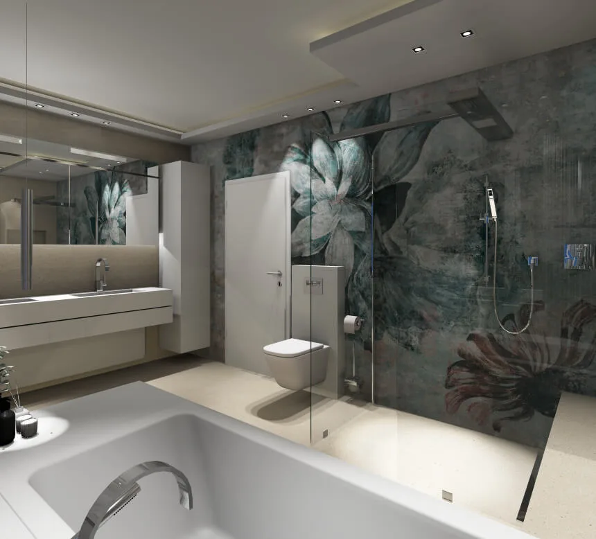 Wall and Deco Tapete im modernen Bad Baddesign mit Wall and Deco Tapete hinter verglaster bodenebener Dusche