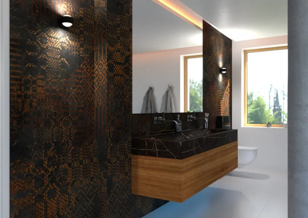 Waschbereich mit Wall and Deco Tapete Waschtisch aus Holz und Marmor umgeben von einer mosaikartigen Wall and Deco Tapete