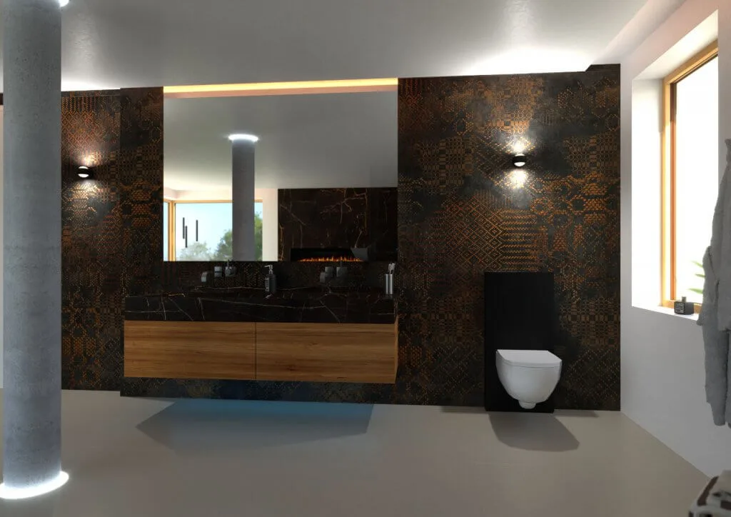Waschbereich mit Wall and Deco Tapete Waschbereich mit Toilette und brauner Wall and Deco Tapete in Mosaikoptik