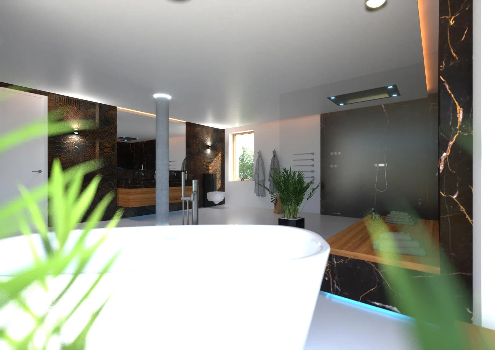 Grosses Badezimmer mit braunen Akzenten und Tapete