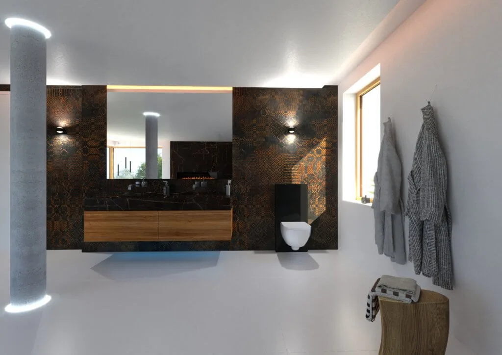 Waschbereich mit Wall and Deco Tapete Waschbereich mit brauner Wall and Deco Tapete