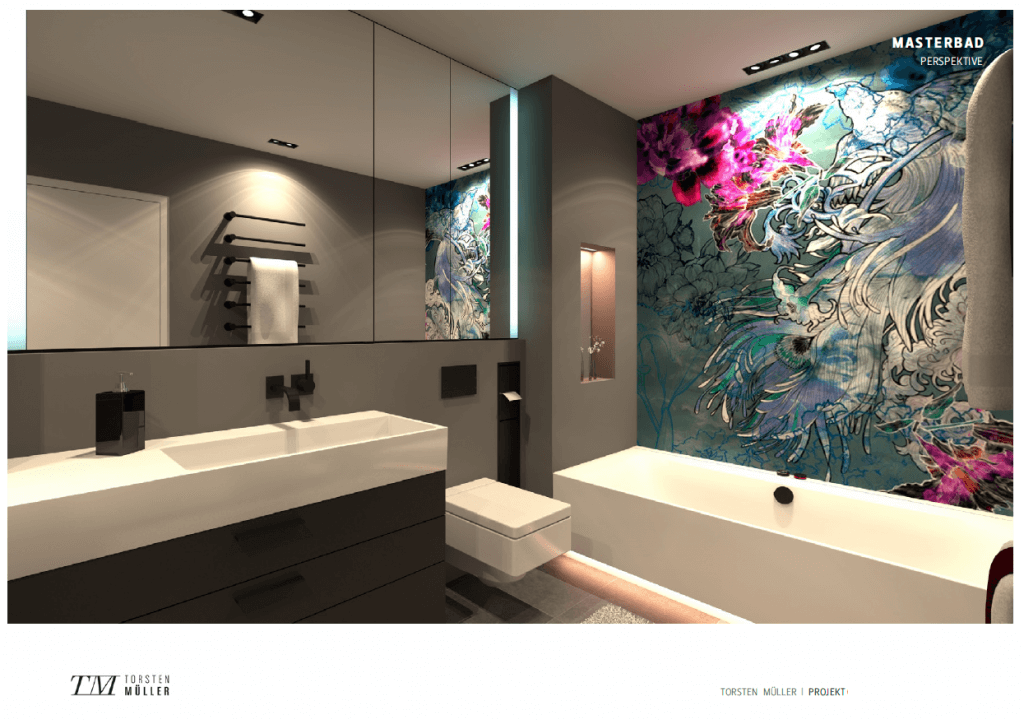 Badezimmer mit Waschbereich, Toilette und Wanne sowie Wall and Deco Tapete mit abstraktem Blumenmuster