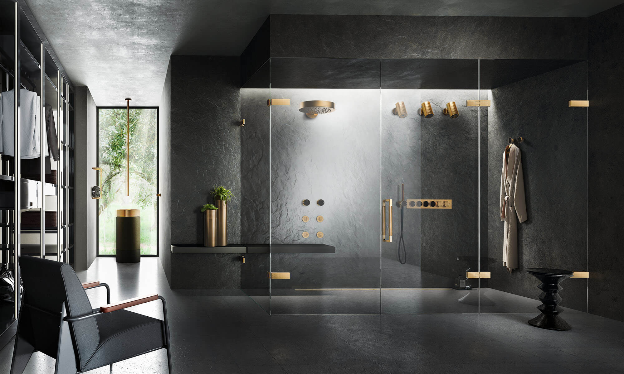 Basaltschwarz und Champagner Gold im Badezimmer Design der Trend