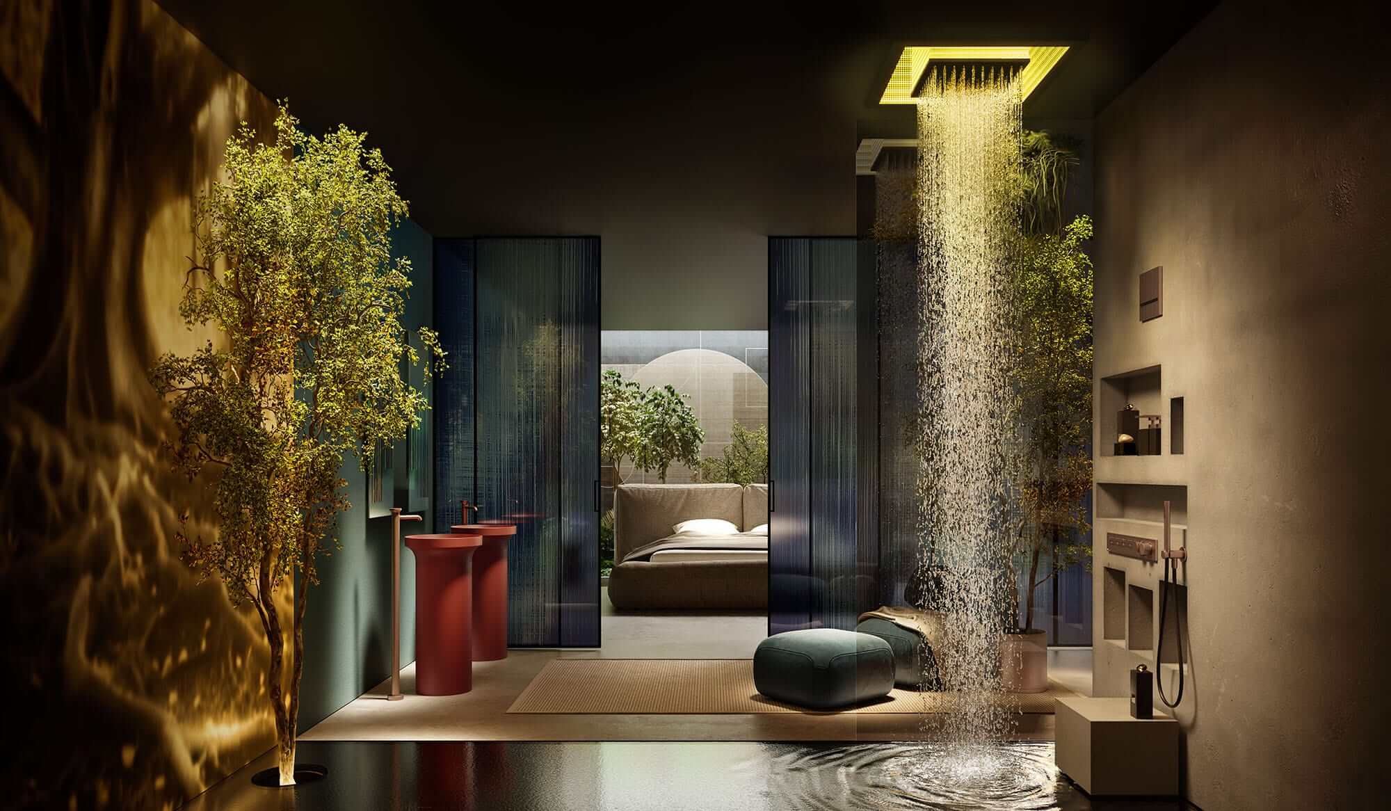 Durch semitransparente Schiebetüren abgetrenntes Bad mit Regendusche und Pflanzen