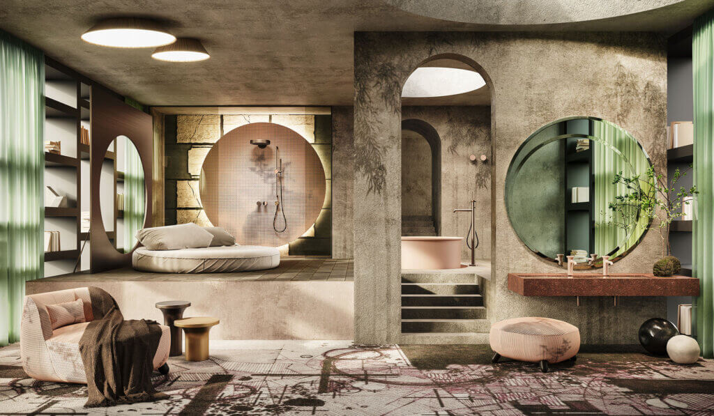 Großes Badezimmer mit Elementen aus Naturstein in Grautönen