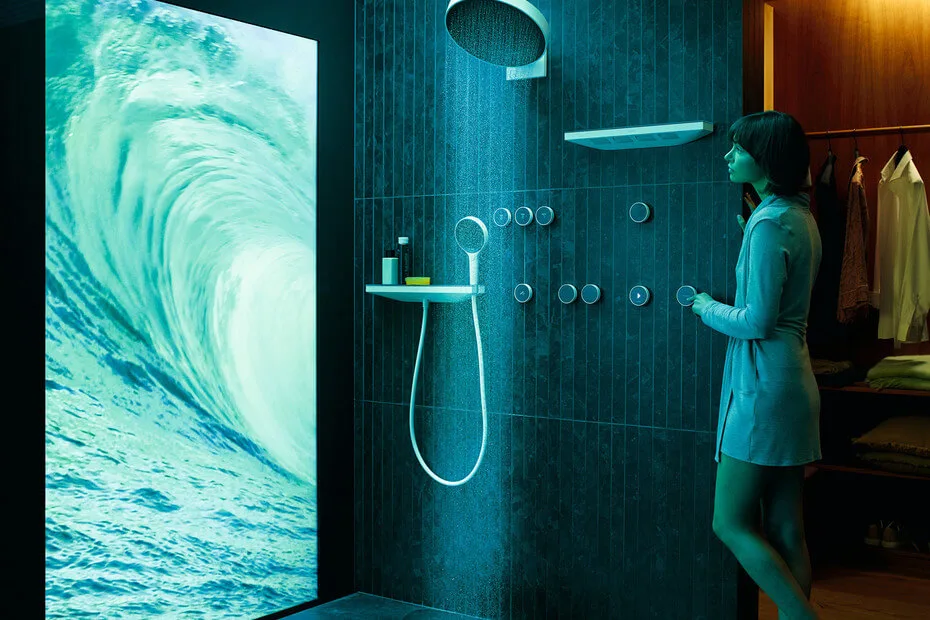 Intelligente Dusche Raintunes in blauem Licht