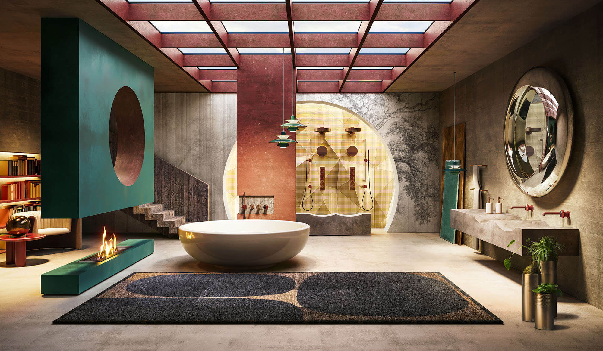 Eklektisches Badezimmer mit ovaler Badewanne, Doppeldusche, Kamin und Leseecke
