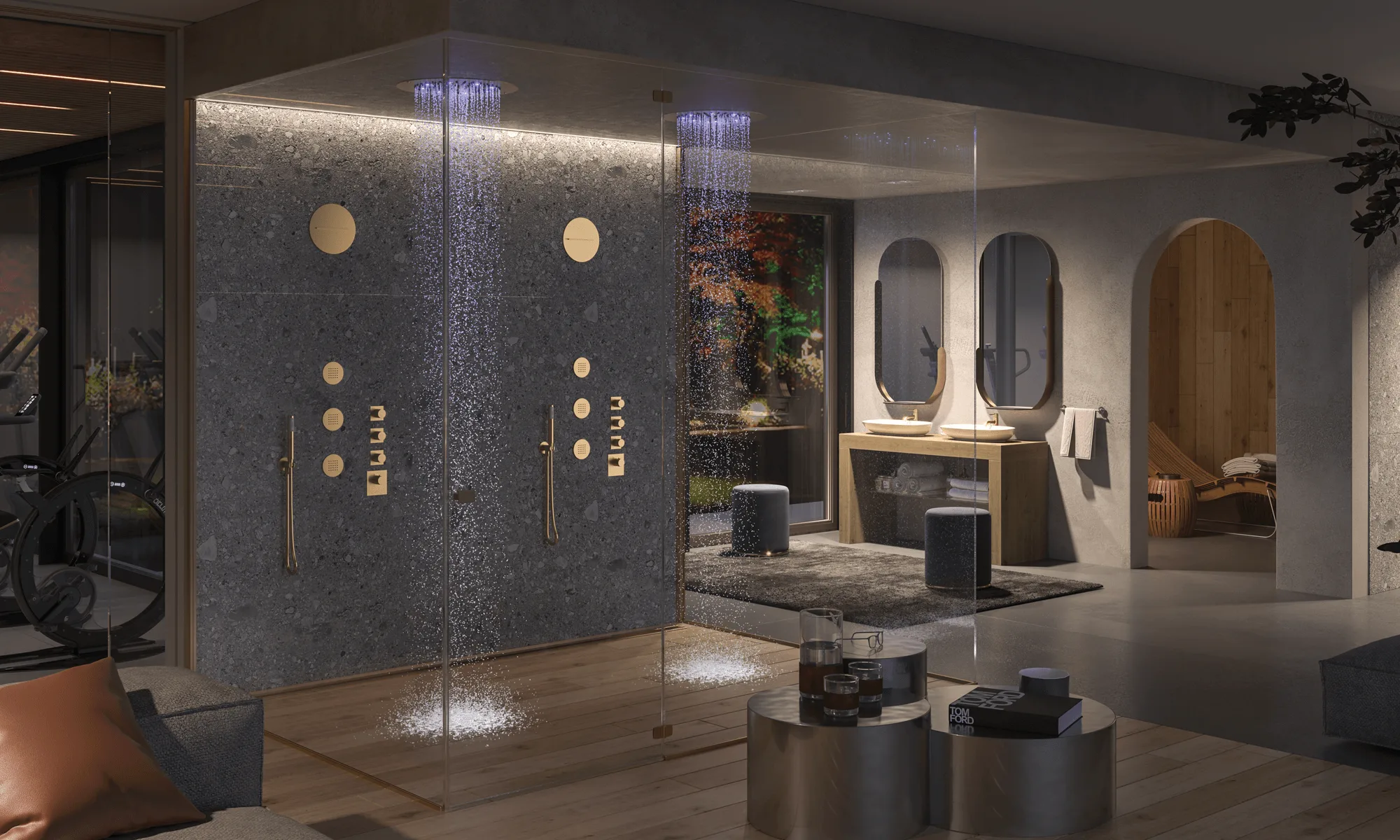 Bodenebene Dusche für zwei mit Details in Satin-Gold - Badezimmer Trends 2025