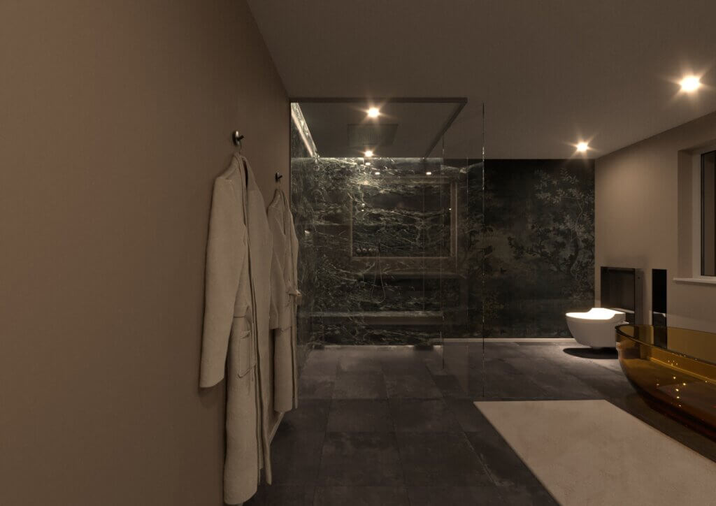 Helles Badezimmer mit grau tapezierter Wand