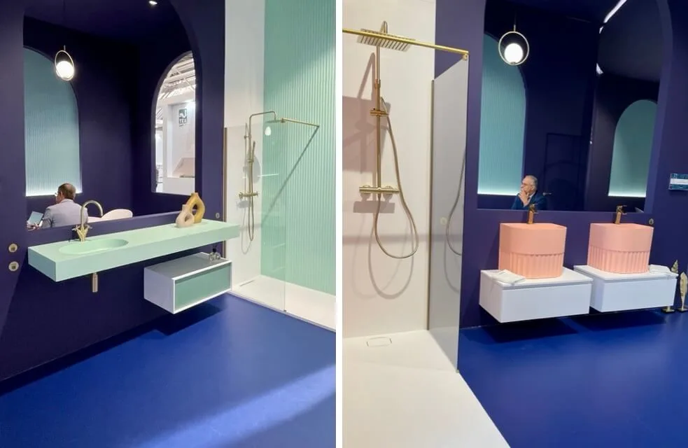 Waschtische in Lindgrün und Apricot in Badezimmer in Royal Blue
