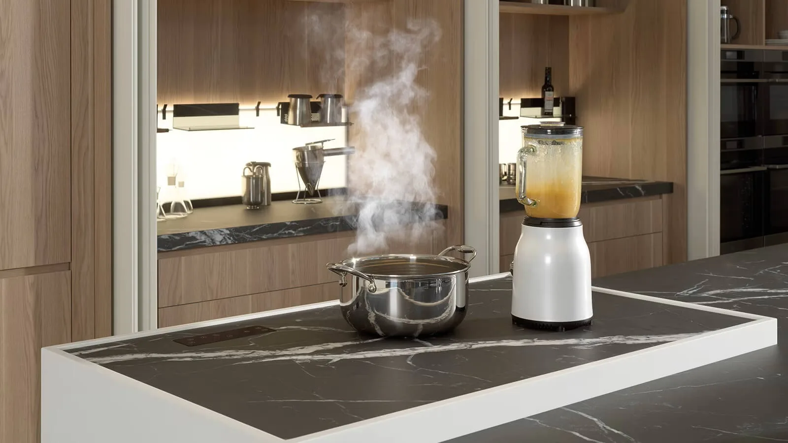 Ein visuelles Erlebnis der Kochkunst: Ein Topf dampft aufgrund der innovativen Induktionstechnologie.
