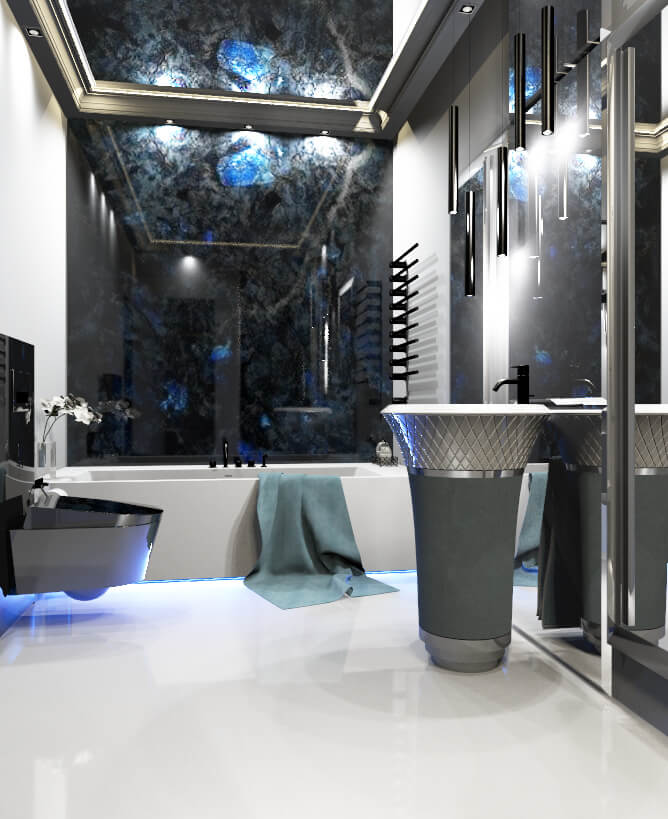 Bild eines exklusiven Badezimmers mit Edelstein-Rückwand und Falper Waschtonne