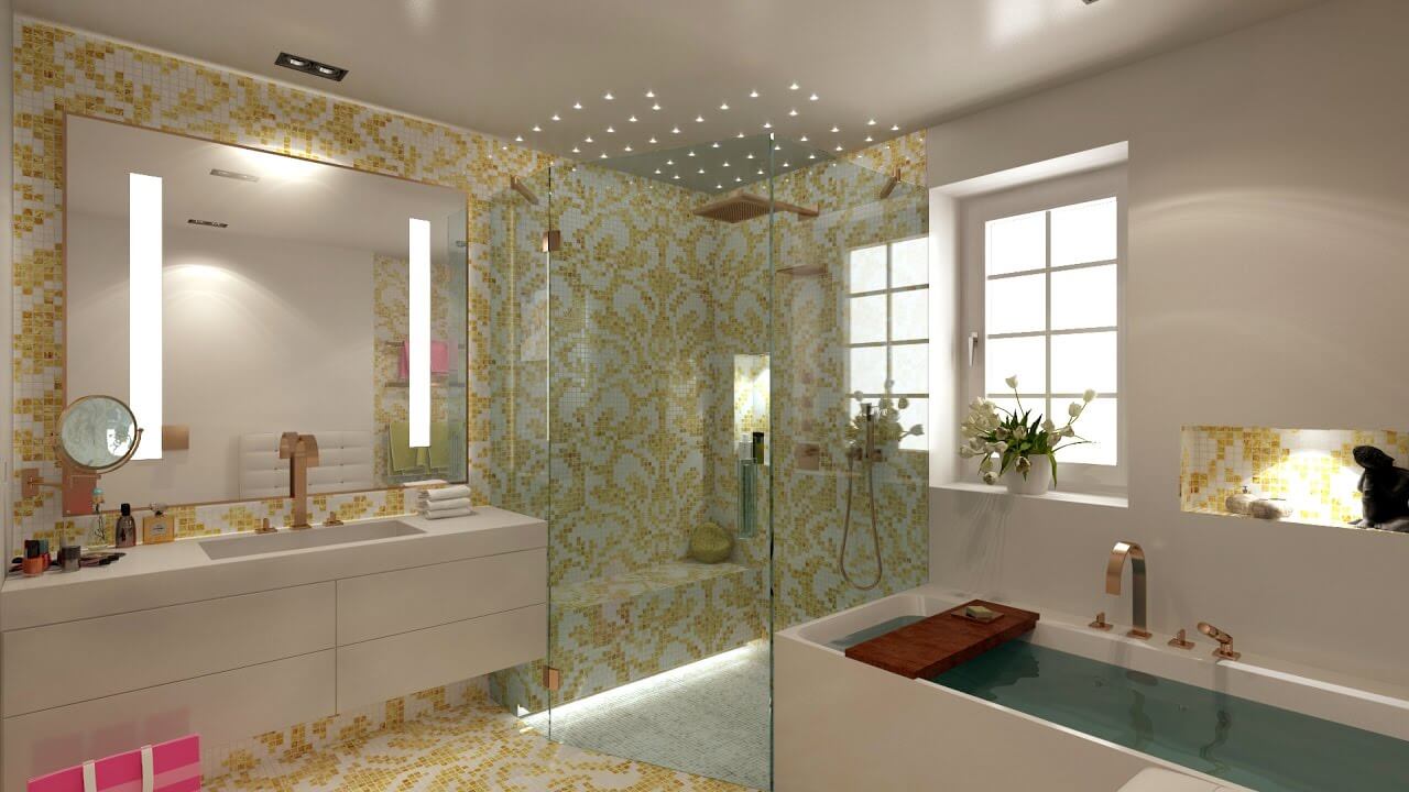Bild eines opulenten Badezimmers mit Sicis PIXALL Mosaik für eine barocke Note