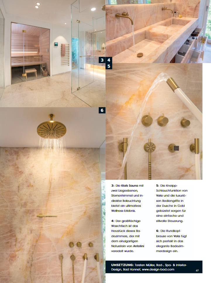 Luxuriöses Badezimmerdesign mit Antolini Naturstein, Klafs Sauna und Vola Armaturen – auf den Seiten der Bad Design Ausgabe