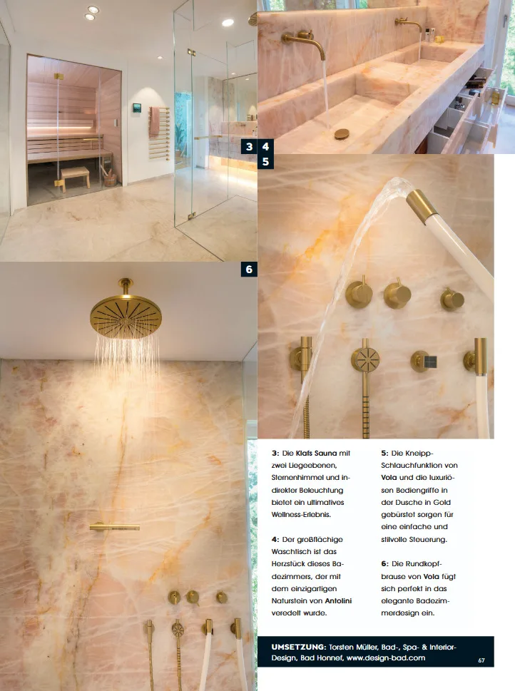 Luxuriöses Badezimmerdesign mit Antolini Naturstein, Klafs Sauna und Vola Armaturen – auf den Seiten der Bad Design Ausgabe