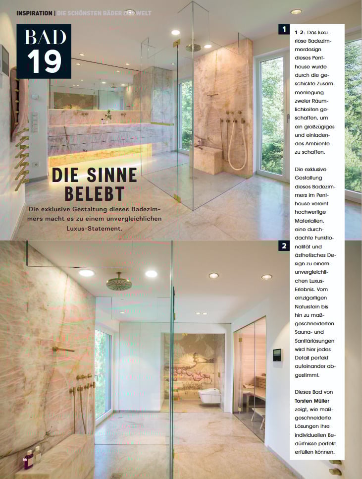 Luxuriöses Badezimmerdesign mit Antolini Naturstein und maßgeschneiderter Sauna – Bad Design