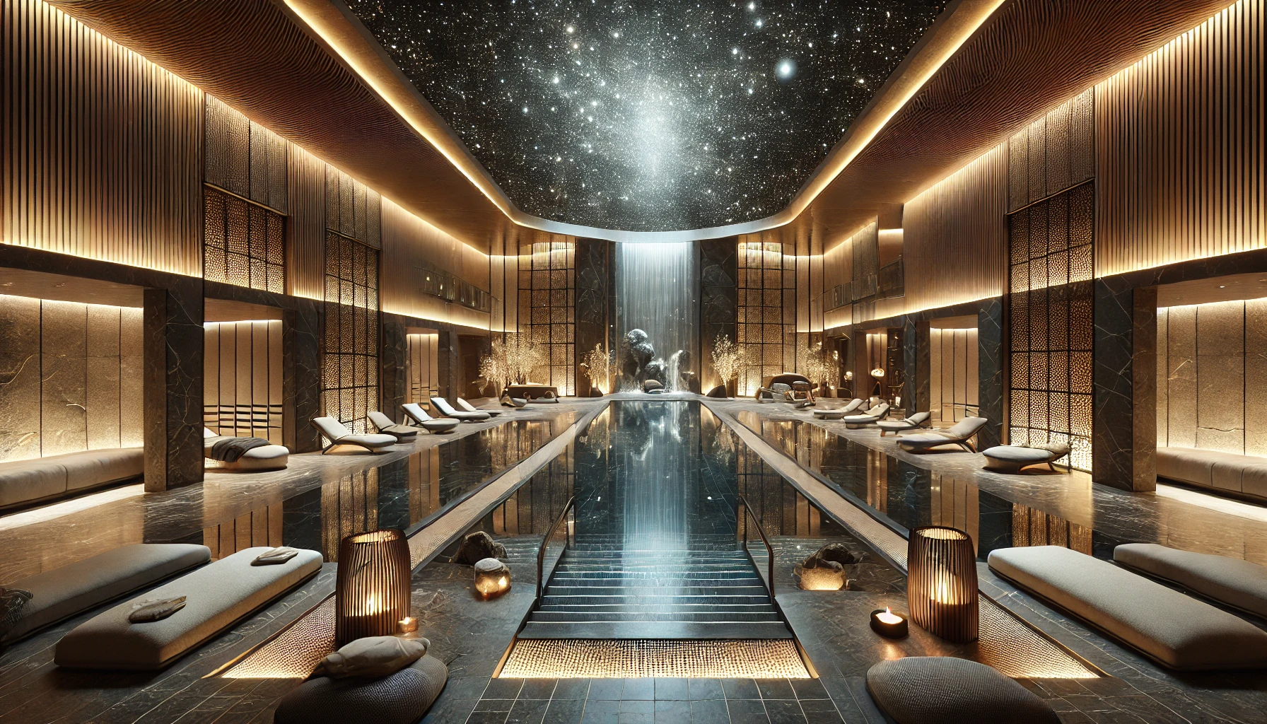 Luxuriöses Spa-Design mit warmen Beigetönen und Kerzen für Entspannung