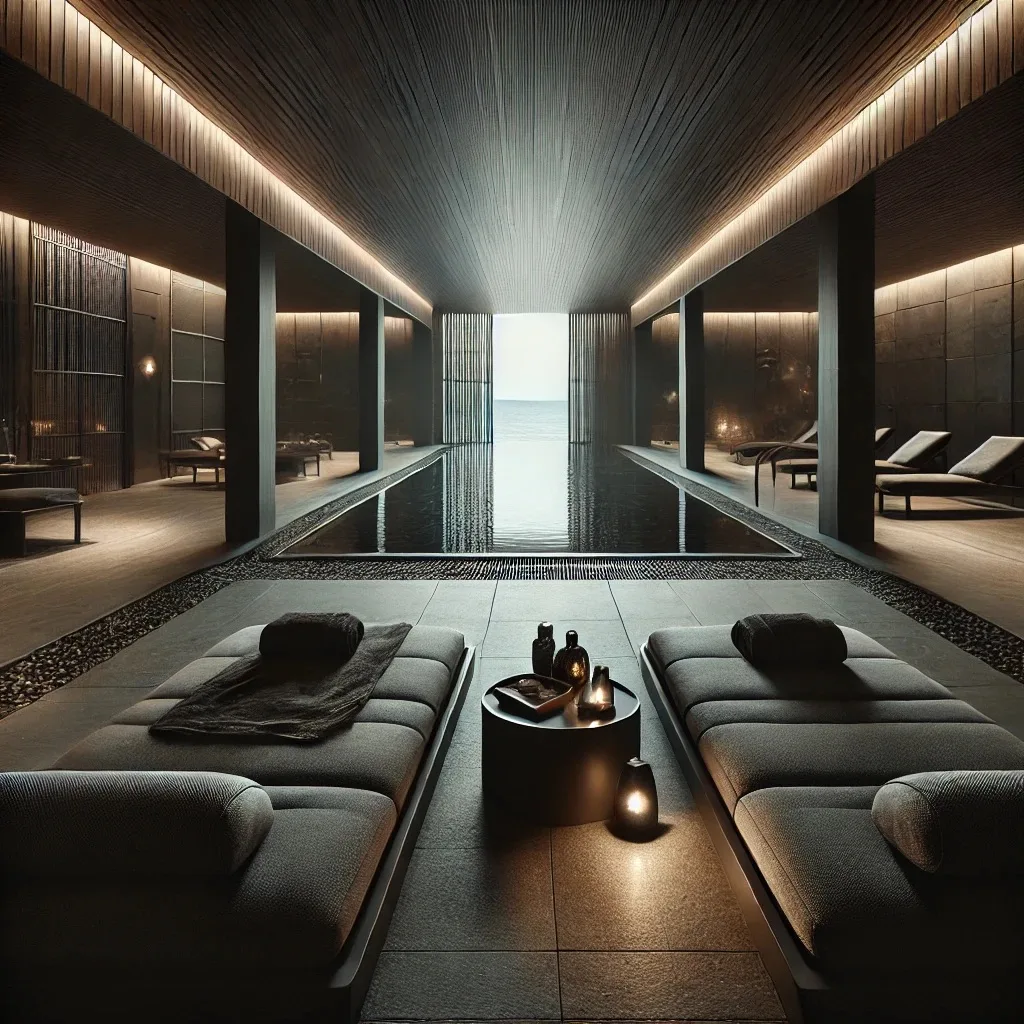 Modernes Spa mit dunkel gehaltenem Design und farbwechselnder Beleuchtun