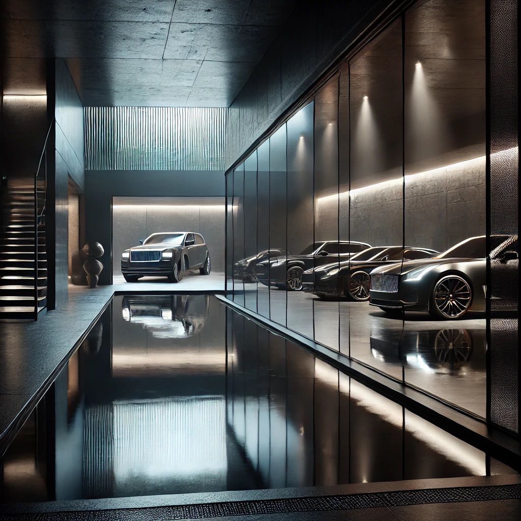 Luxuriöse Tiefgarage mit minimalistischem Pool-Design und edler Fahrzeugkollektion