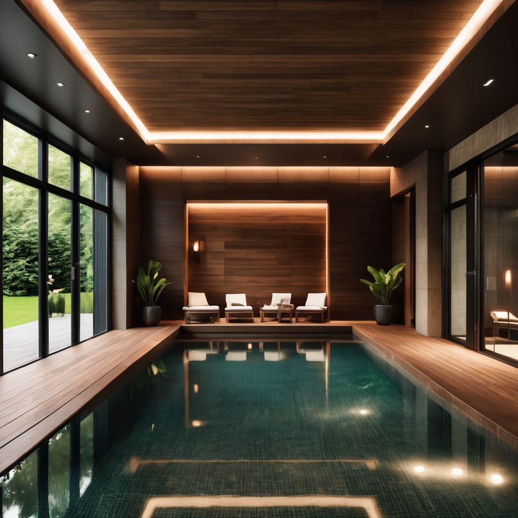 Luxuriöser Indoor-Pool mit warmen Holzakzenten und großzügigen Glasfronten
