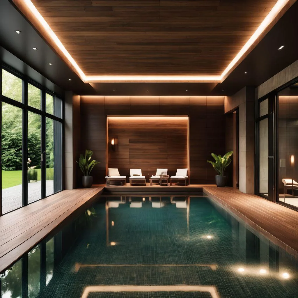Luxuriöser Indoor-Pool mit warmen Holzakzenten und großzügigen Glasfronten