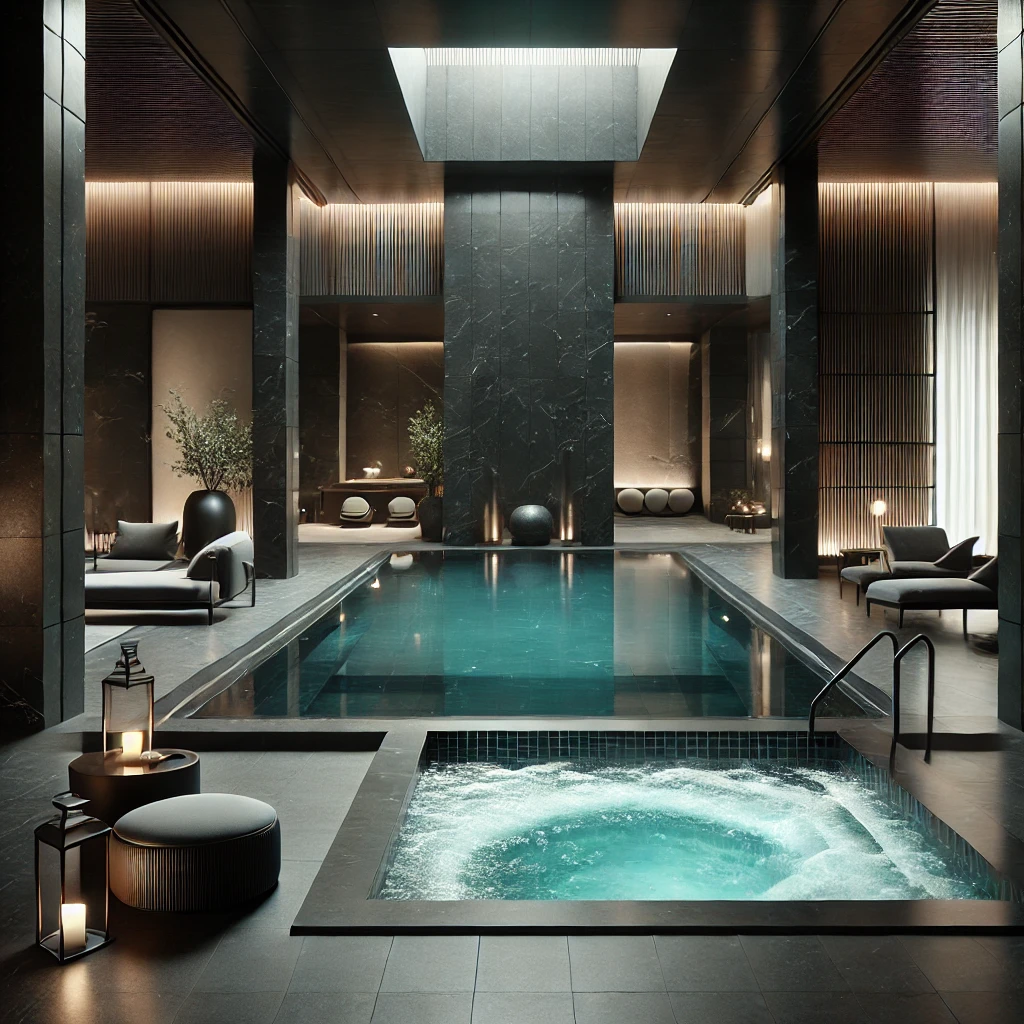 Elegantes Spa mit Whirlpool und stimmungsvoller Beleuchtung
