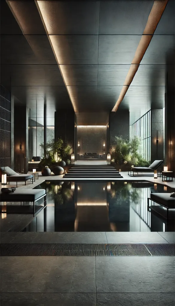 Modernes Spa-Design mit dunklen Tönen und raffinierter Lichtinszenierung