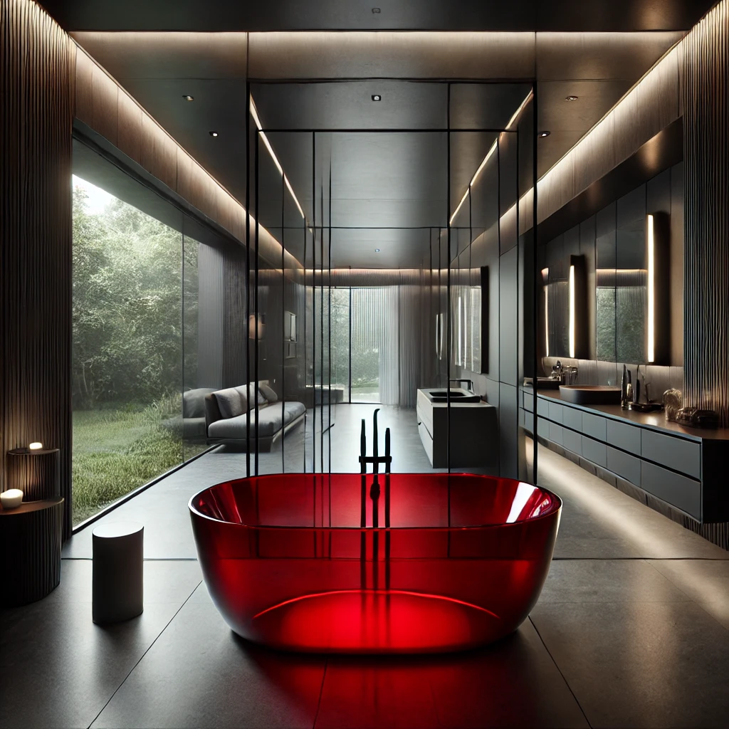 Luxus Bad-Design: Rote Badewanne im Dark Style – Bad en Vogue