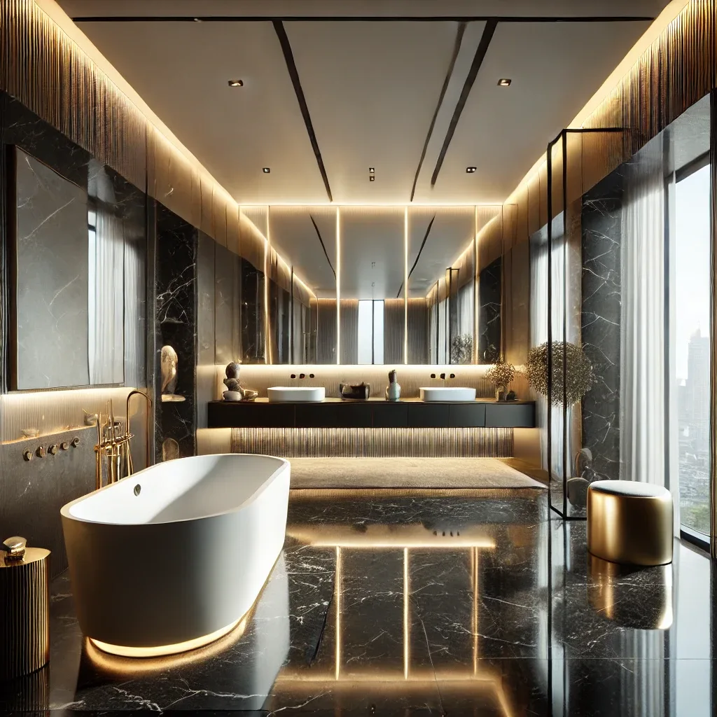 Modernes Designer-Badezimmer mit exklusiven Materialien und atmosphärischem Lichtkonzept.