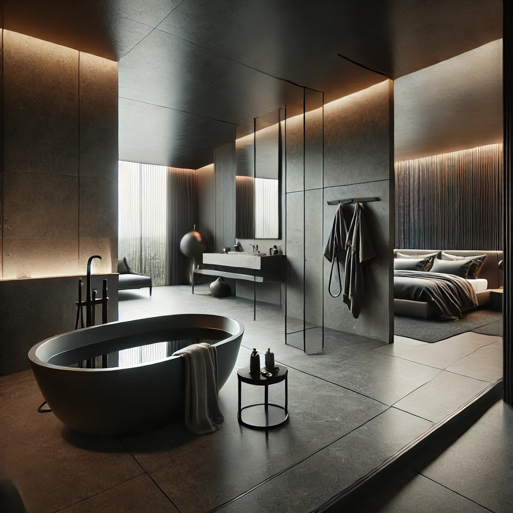 Modernes Badezimmer mit freistehender Wanne und direkter Verbindung zum Schlafbereich.
