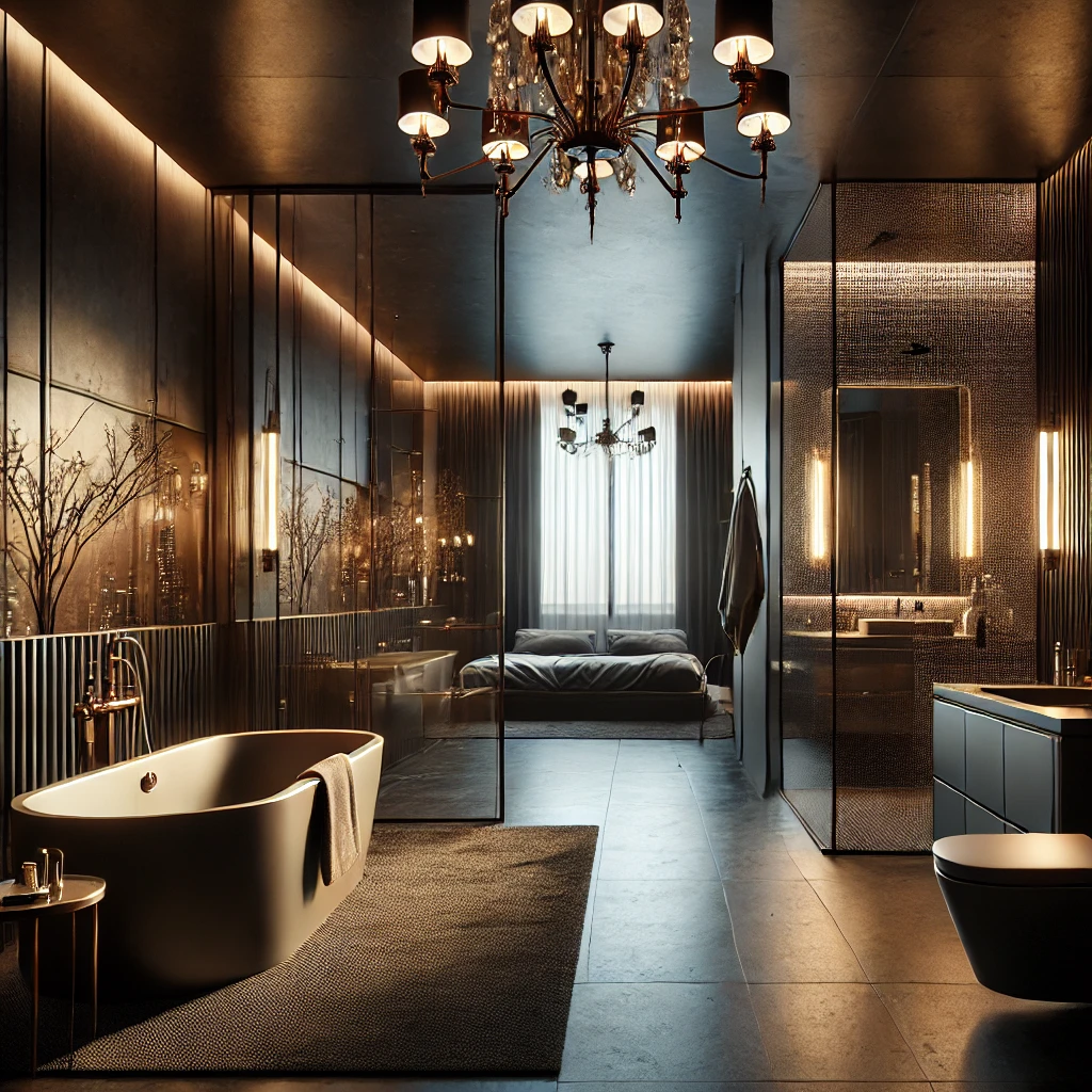 Modernes Wellness-Badezimmer mit direkter Verbindung zum Schlafzimmer und edlem Lichtdesign.