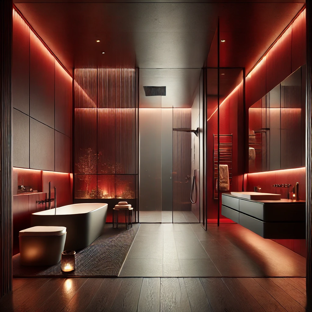 Modernes Spa-Badezimmer mit stimmungsvoller Beleuchtung und luxuriösem Design.