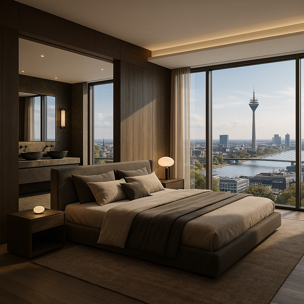Modernes Schlafzimmer mit integriertem Bad en Suite und Panoramablick auf Düsseldorf und den Rheinturm