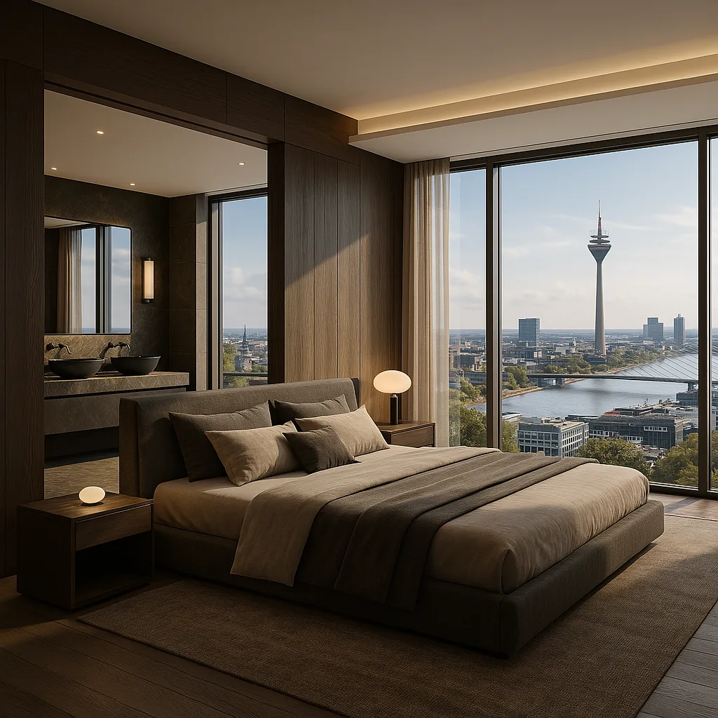 Modernes Schlafzimmer mit integriertem Bad en Suite und Panoramablick auf Düsseldorf und den Rheinturm