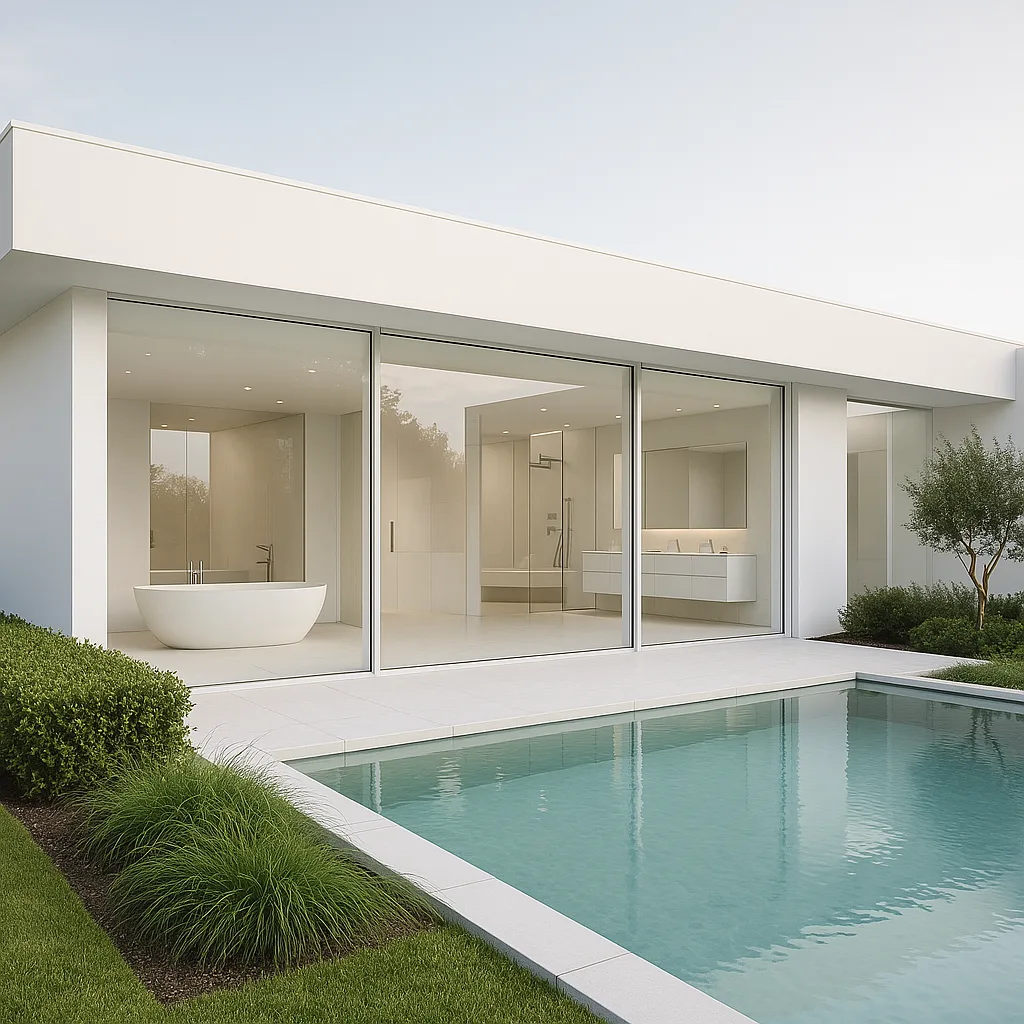 Freistehende Badewanne in einem minimalistischen weißen Luxusbad mit direktem Zugang zum Pool und großer Glasfassade.