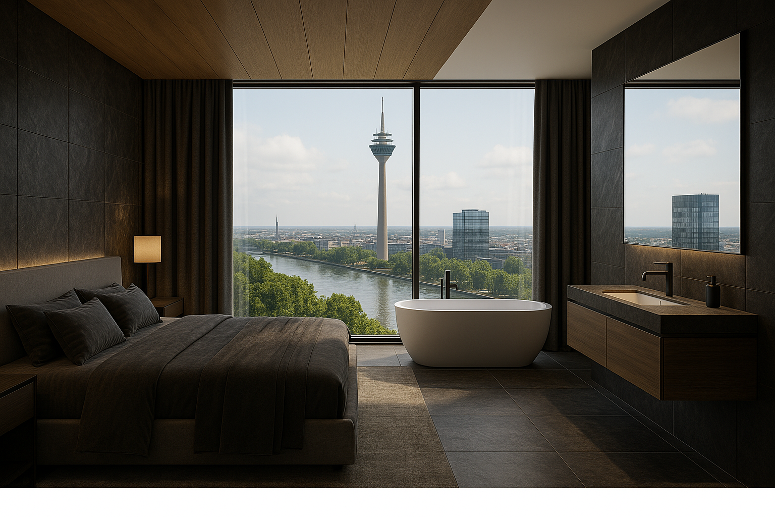 Modernes Bad en Suite mit freistehender Badewanne und Ausblick auf den Rheinturm Düsseldorf