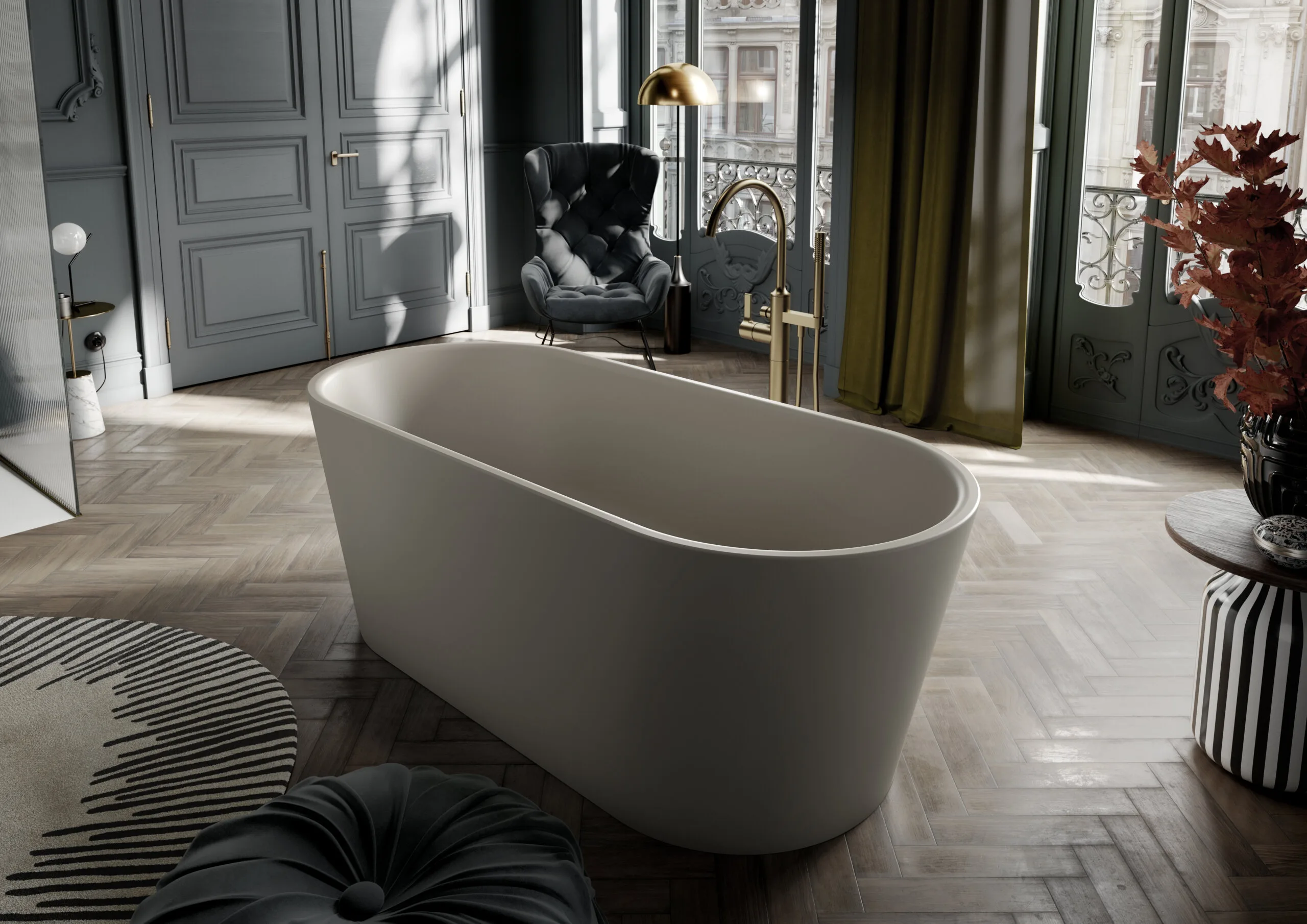 Freistehende Badewanne Kaldewei MST Classic Duo Oval in luxuriösem Badezimmer mit Parkettboden und eleganter Einrichtung.