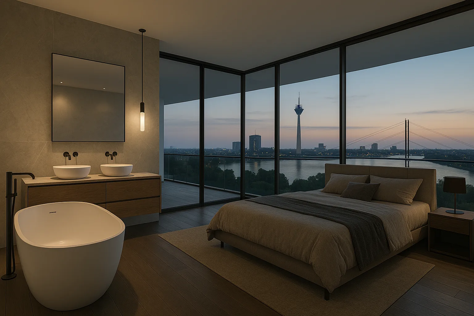 Konzeptvisualisierung eines Bad en Suite mit Doppelwaschtisch, freistehender Wanne und Rheinblick am Abend