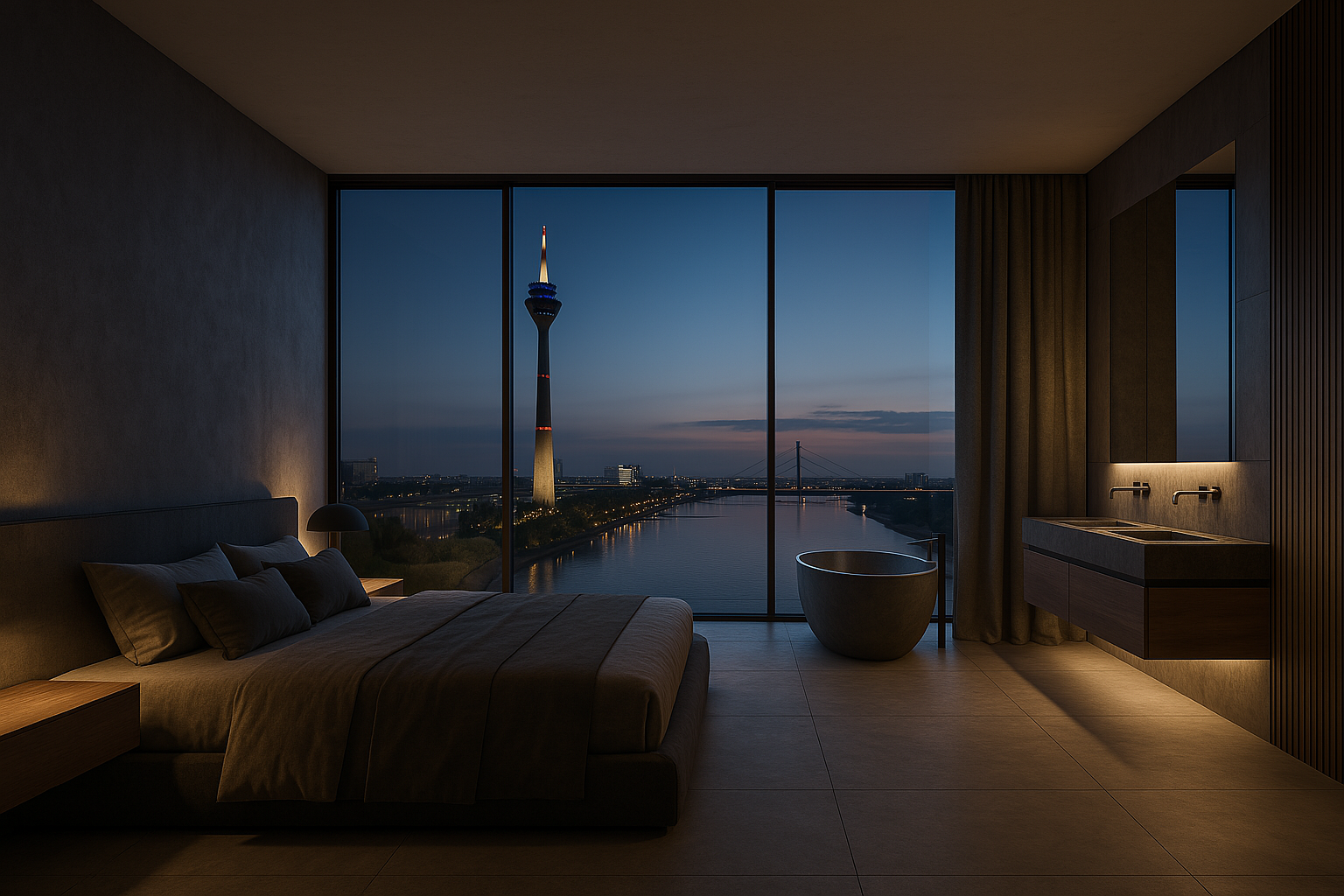 Luxuriöses Bad en Suite mit freistehender Badewanne und Ausblick auf den beleuchteten Rheinturm in Düsseldorf