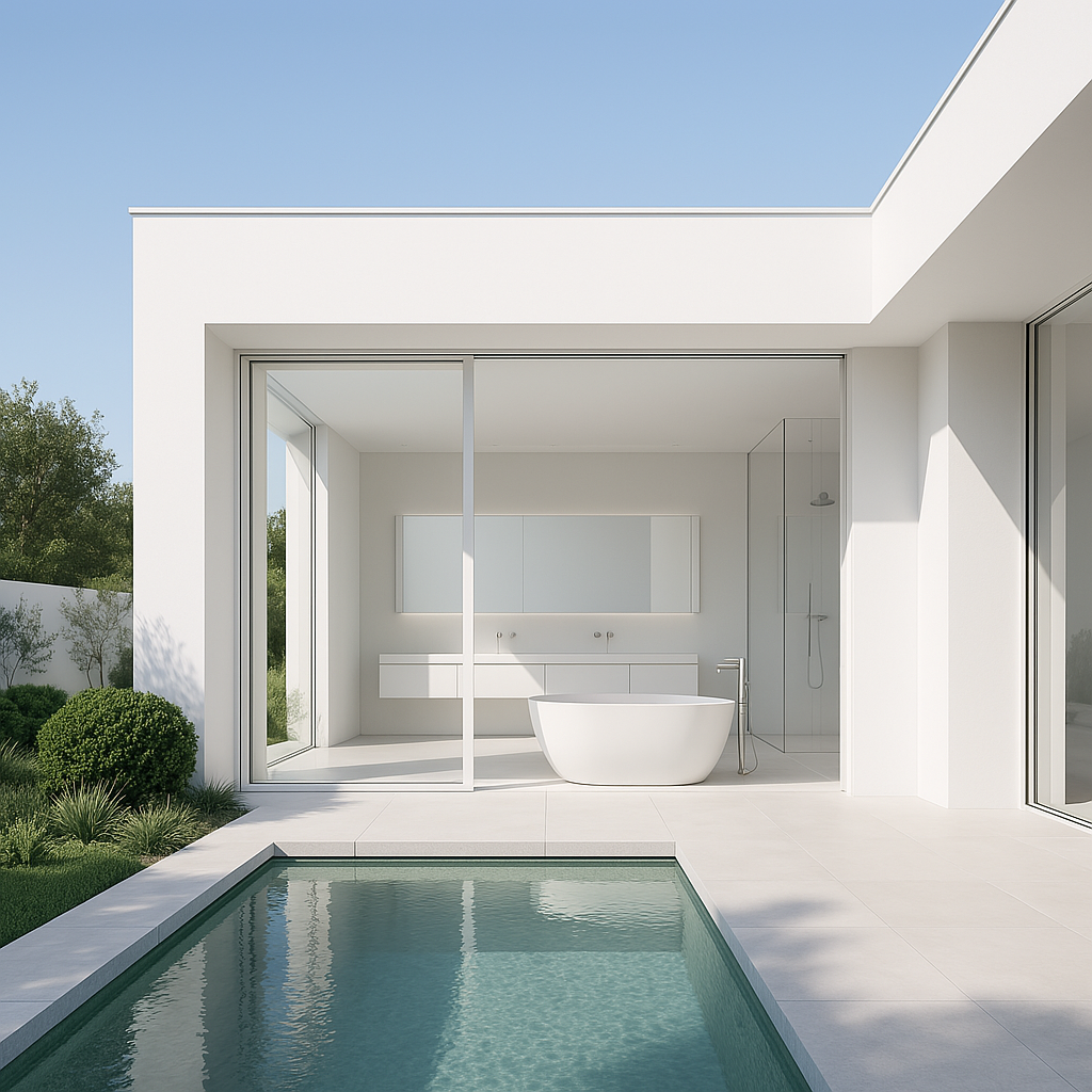 Minimalistisches weißes Badezimmer mit freistehender Badewanne und direktem Zugang zu einem Pool im luxuriösen Outdoor-Konzept.