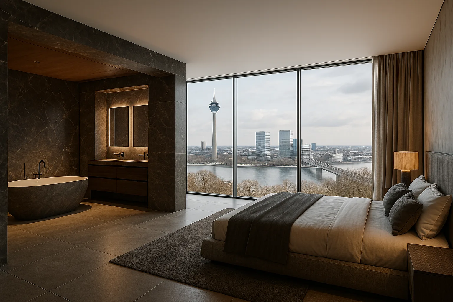Konzeptvisualisierung eines offenen Bad en Suite mit Naturstein und Panoramablick auf Düsseldorf