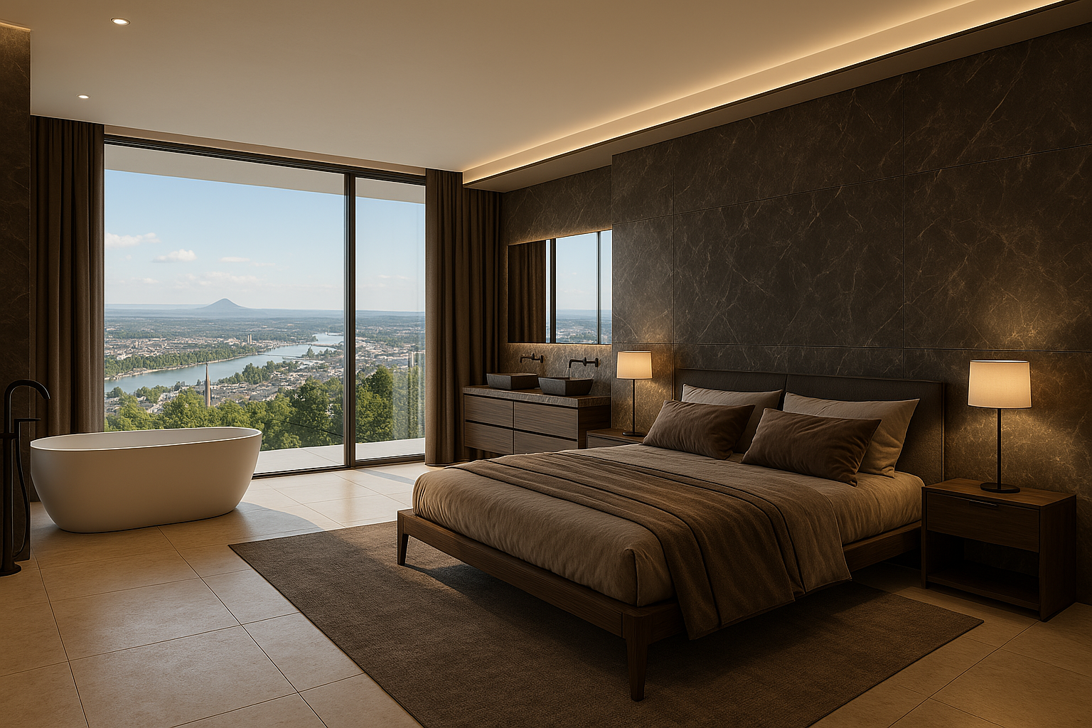 Modernes Schlafzimmer mit freistehender Badewanne und Panoramablick über den Rhein und das Siebengebirge