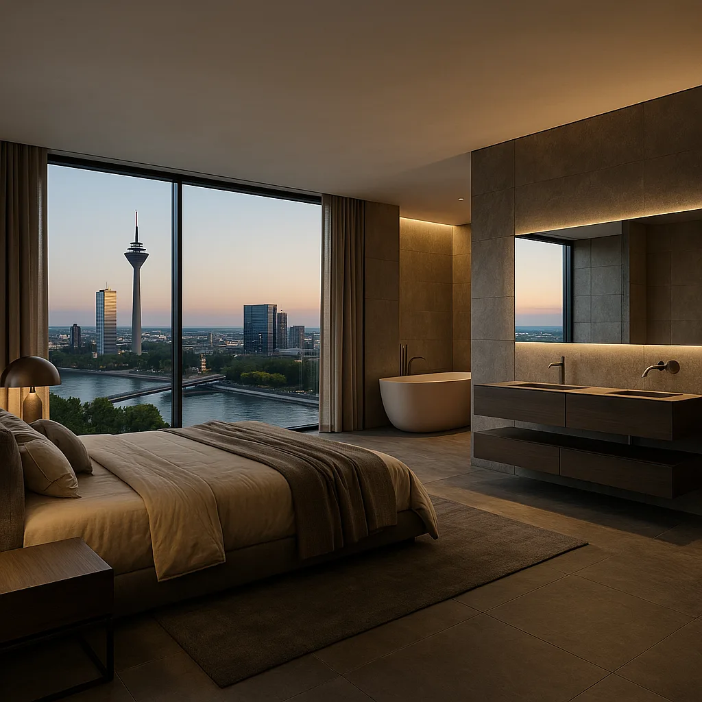 Luxus Bad en Suite mit freistehender Wanne und Blick auf Düsseldorfer Skyline bei Sonnenuntergang