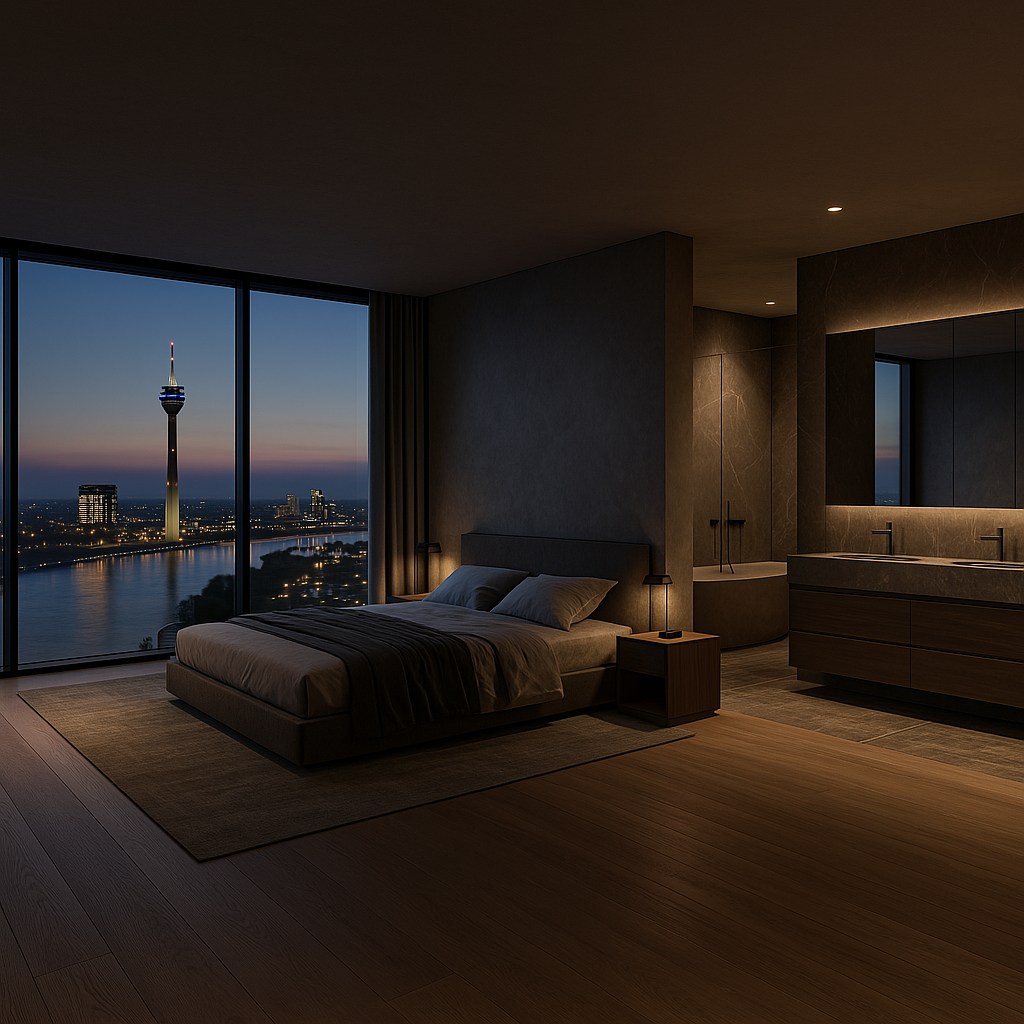 Bad en Suite mit Panoramablick auf den Düsseldorfer Rheinturm bei Nacht